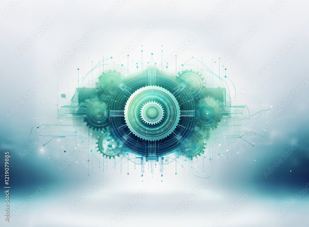 Aufkleber Abstract digital art depicting interconnected gears and circuits, suggesting technological advancement and complex systems.  A futuristic, teal and blue color scheme creates a sense of innovation and 
