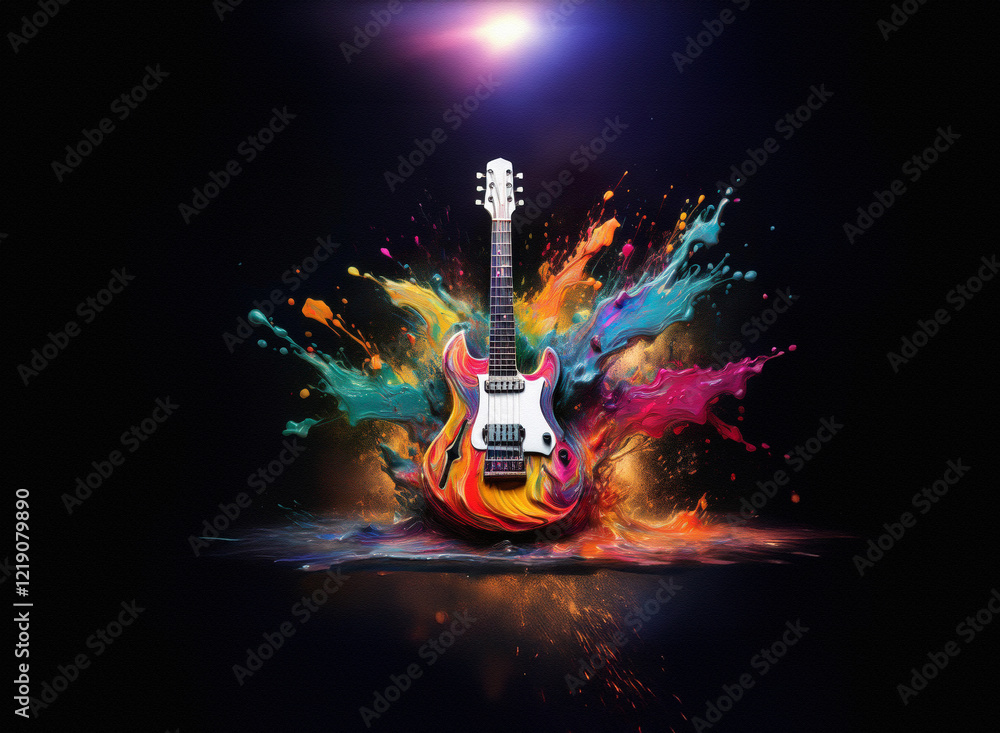 Poster a vibrant electric guitar explodes in a colorful paint splash against a dark background, creating a 