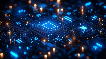 Fototapeta premium Futuristic CPU, glowing circuits, technology background, digital processing, data center use