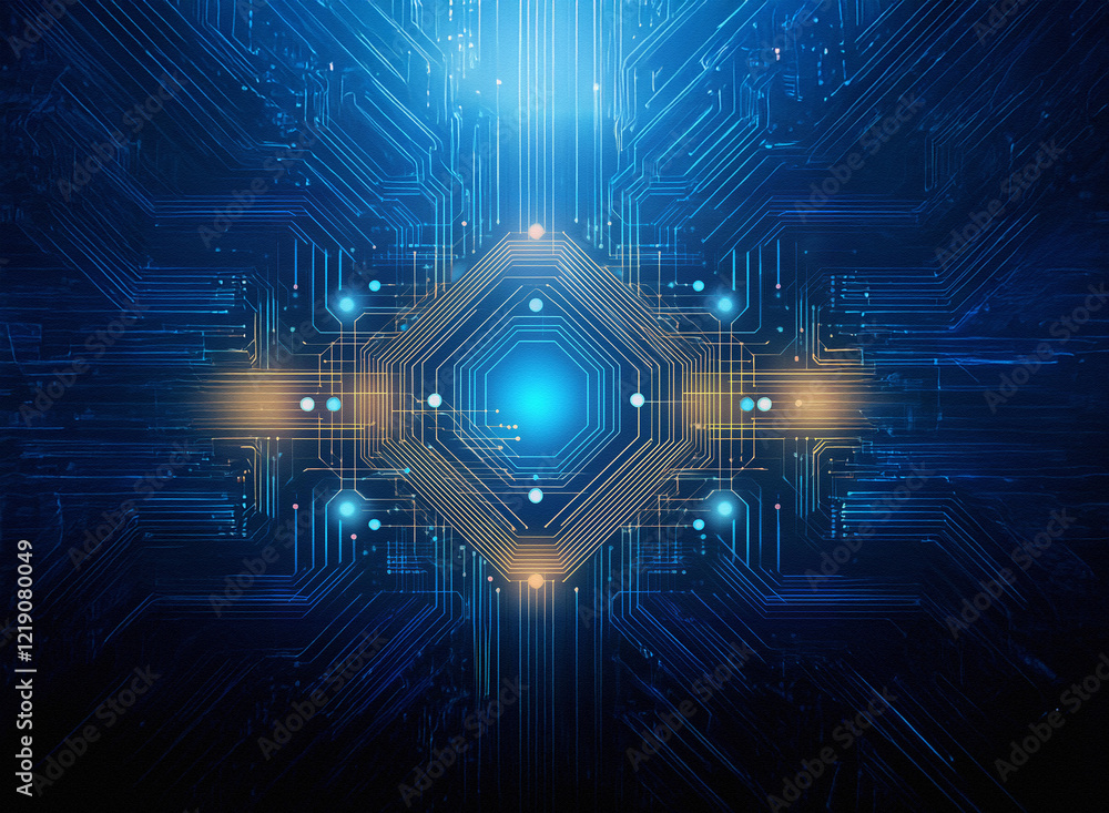 Aufkleber abstract digital artwork depicting a glowing, intricate circuit board design. central hexagonal core