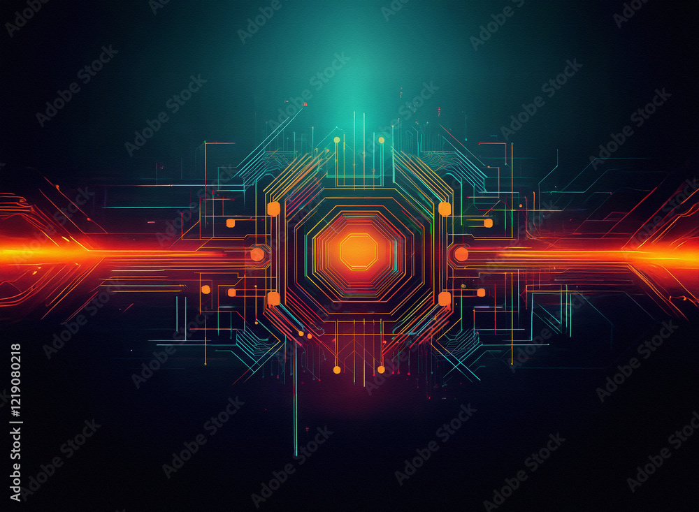 Poster Abstract digital artwork depicting a glowing, multifaceted central component connected by vibrant, intricate circuitry, suggesting technological advancement and data flow.