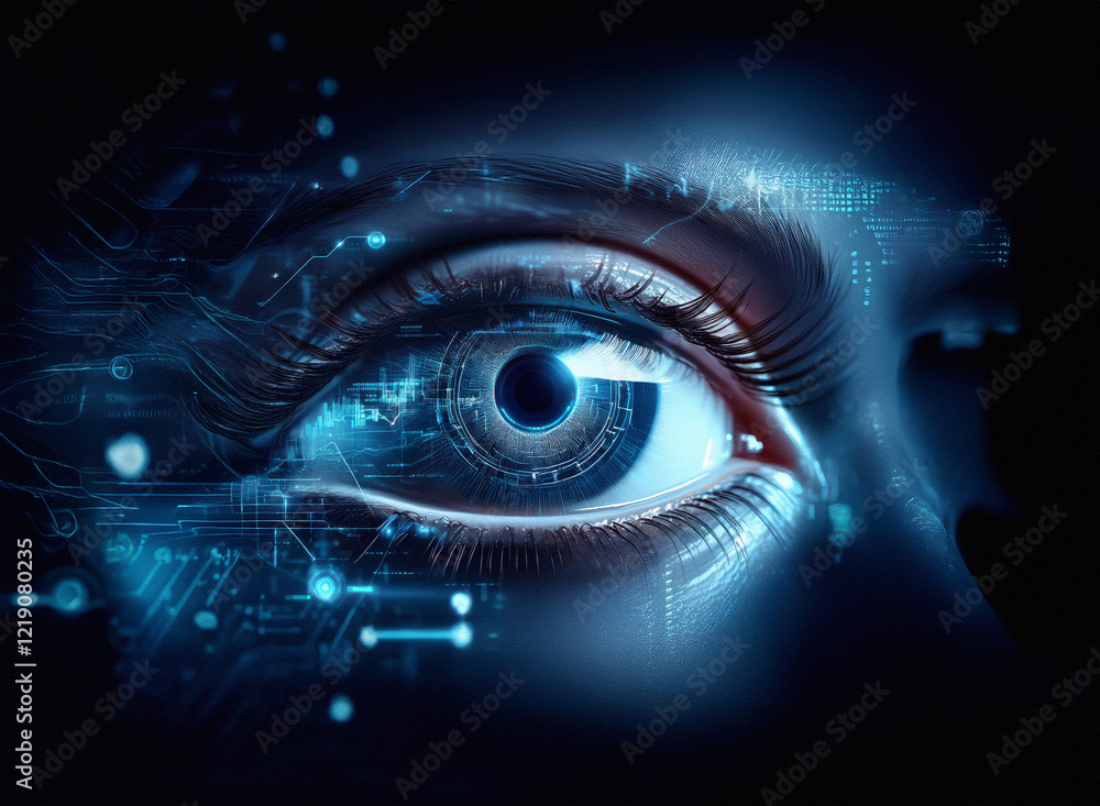 Fototapete a close-up of a woman's eye, digitally enhanced with glowing blue circuit patterns, suggesting techn