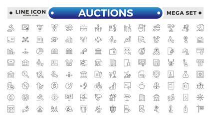 Auction outline icon hammer sell document judge illustration price deal. Bid auction vector tender justice sale commercial concept. Editable stroke outline icon. 
