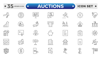 Auction outline icon hammer sell document judge illustration price deal. Bid auction vector tender justice sale commercial concept. Editable stroke outline icon. 
