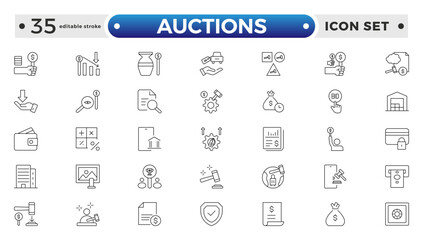 Auction outline icon hammer sell document judge illustration price deal. Bid auction vector tender justice sale commercial concept. Editable stroke outline icon. 
