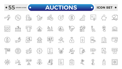 Auction outline icon hammer sell document judge illustration price deal. Bid auction vector tender justice sale commercial concept. Editable stroke outline icon. 
