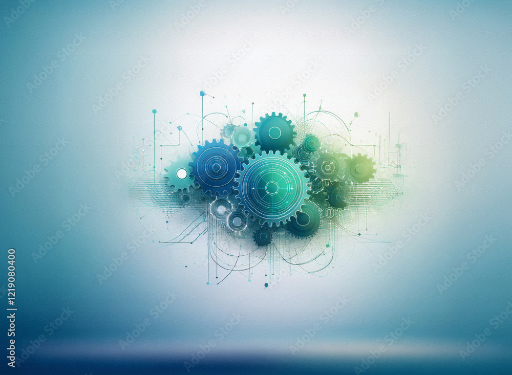 Poster abstract image of interconnected gears in teal and green hues, suggesting a complex system or intric