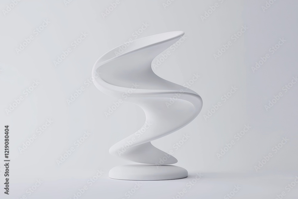 Poster a modern, white sculptural piece with a twisting form, showcasing fluid lines and a minimalist desig