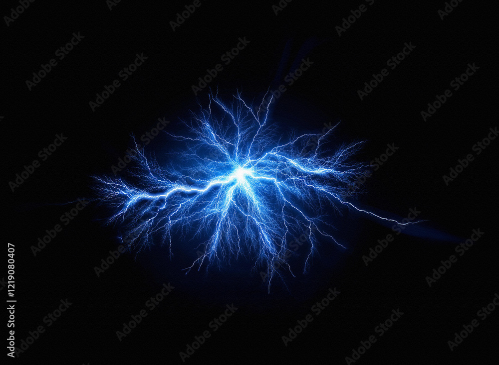 Poster A vibrant blue electric discharge explodes against a pitch-black background, resembling a celestial event or powerful energy burst.  Its intricate branching patterns create a mesmerizing display of li