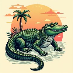 Fototapeta premium Retro Crocodile Perched on Waterside with Sunset Backdrop and Copy Space 
