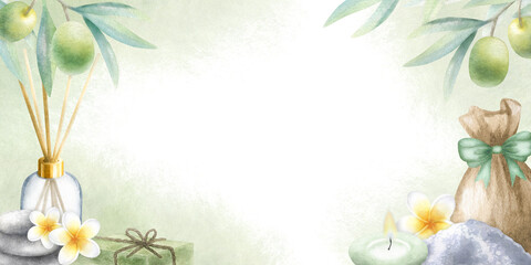 Olive branches, aroma diffuser, sack with sea salt, candle, stack pebbles, aleppo soap and plumeria flowers. Hand drawn watercolor isolated rectangular frame with copy space for body care, spa design.