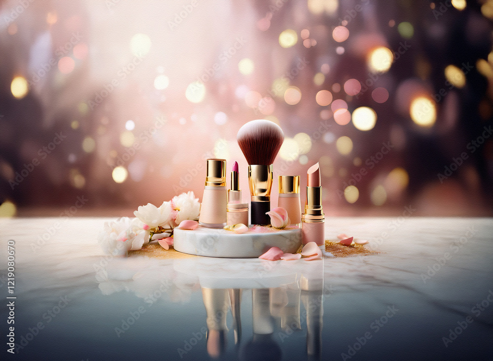 Poster elegant makeup collection displayed on a marble surface with soft lighting and delicate flower petal