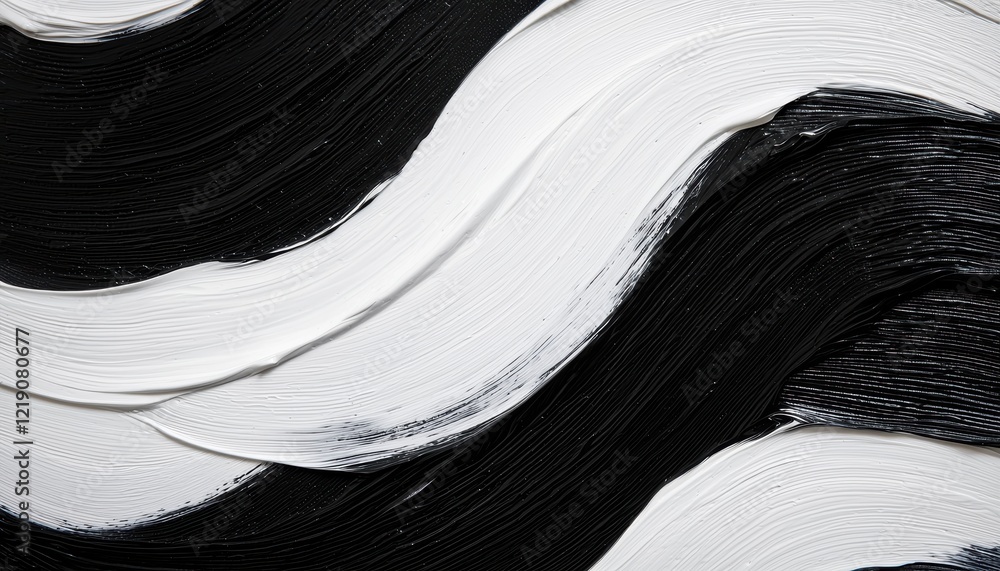 Poster abstract black and white textured painting featuring wavy brush strokes, creating a dynamic interpla