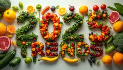 A vibrant arrangement of fresh fruits and vegetables creatively spells out 2025 TRENDS, showcasing a lively palette of colors and textures. This eye-catching display highlights the importance of