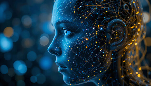 Humanoid head in profile, adorned with glowing dots and neural lines, showcasing blue and yellow eyes symbolizing technology, Generative AI.