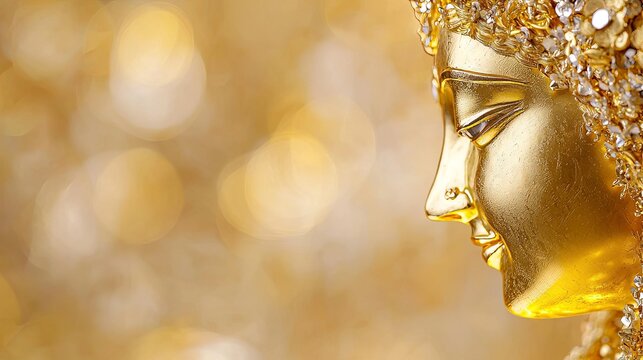 Golden Idol of Goddess Bhudevi Symbolizing Motherhood with Radiant Details and a Soft Golden Background