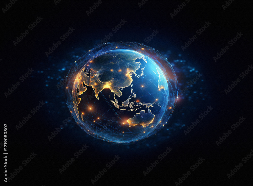 Poster A glowing, digital Earth representation.  Connecting lines illustrate global networks and data flow, emphasizing connectivity and technological advancement.