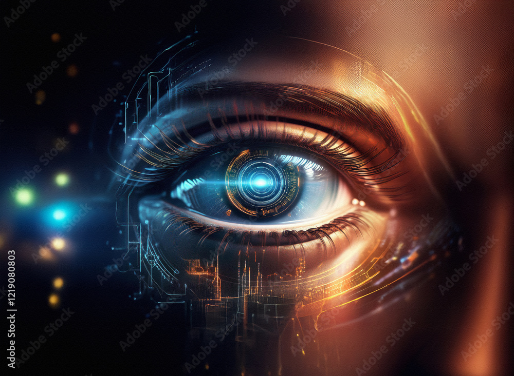 Poster a mesmerizing close-up of a futuristic eye, glowing with technological intricacies and reflecting a 