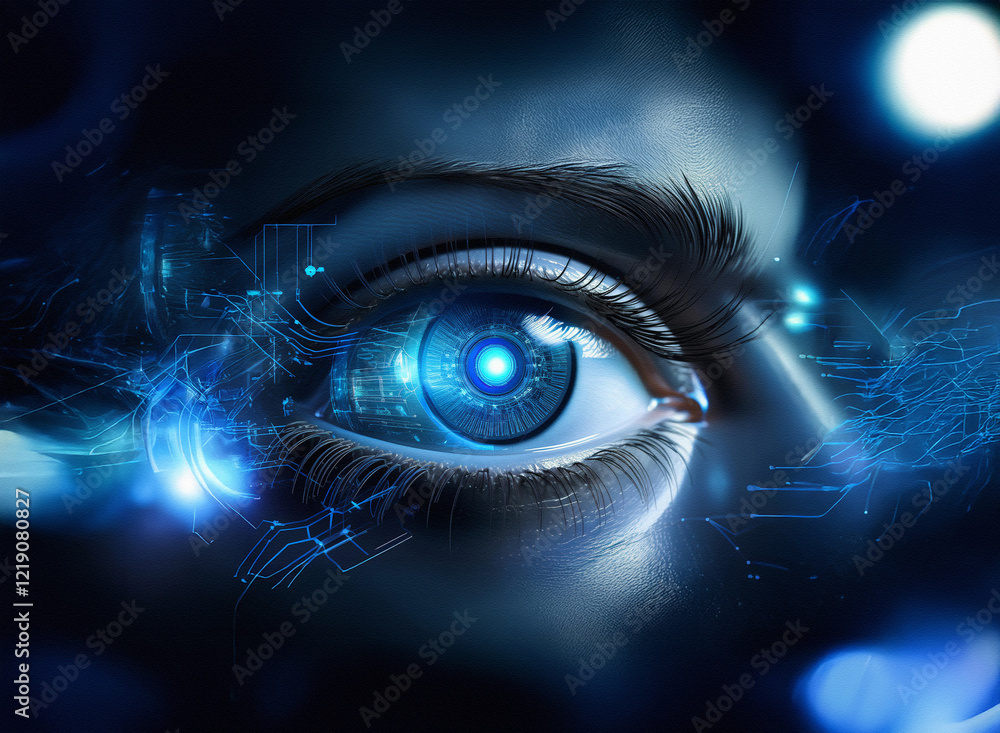 Poster a close-up of a human eye, digitally enhanced with glowing blue circuitry, suggesting technological 