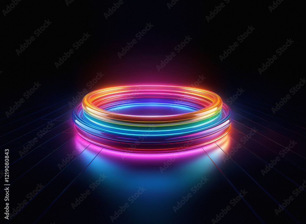 Aufkleber vibrant rainbow neon rings glow on a dark reflective surface, creating a captivating, futuristic dis