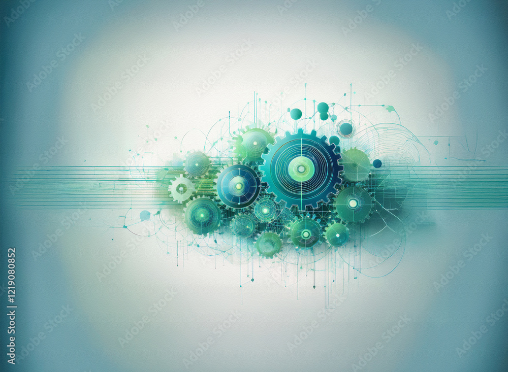 Poster abstract teal and green gears interlock, forming a dynamic, technological cluster against a soft blu