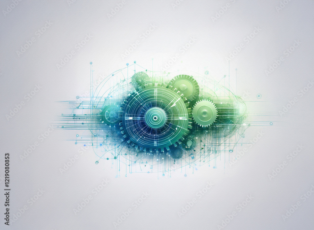 Poster Abstract digital illustration of interconnected gears and circuitry, representing complex systems and technological processes.  A blend of teal and green hues evokes a sense of innovation and efficien