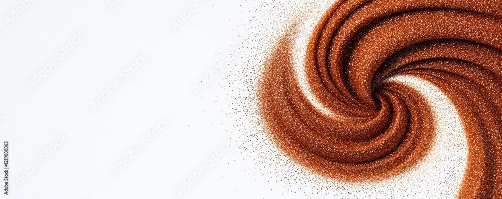 Poster a mesmerizing swirl of brown powder on a light background, creating an artistic and abstract pattern