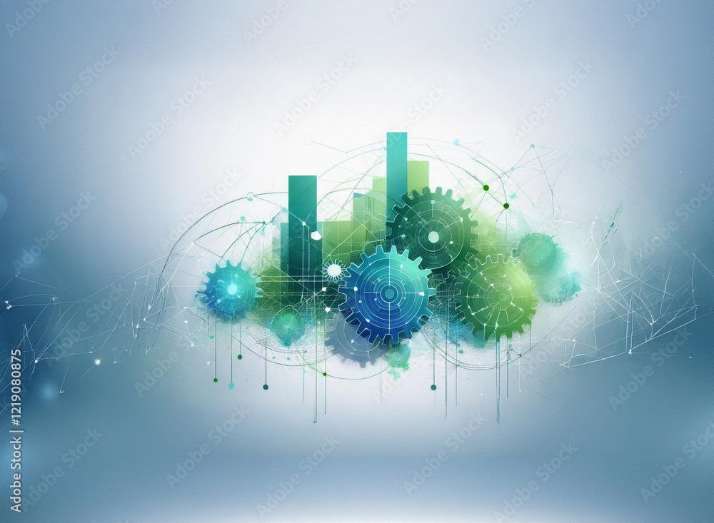 Poster Abstract illustration of interconnected gears and bar graphs, symbolizing growth, efficiency, and technological advancement.  The design uses a soft teal and green color palette, evoking a sense of ca