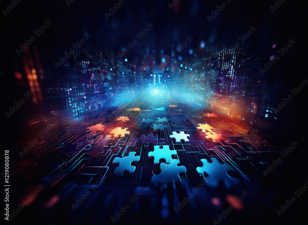 Leinwandbilder abstract digital artwork depicting a futuristic cityscape with glowing puzzle pieces on a circuit bo