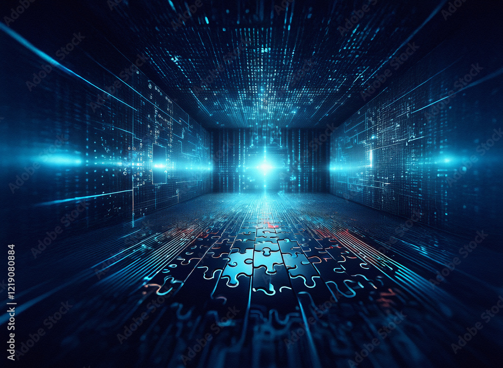 Fototapete Abstract digital art depicting a futuristic, glowing blue data space.  A path of puzzle pieces leads towards a bright center.  The image suggests connection, problem-solving, and technological advance