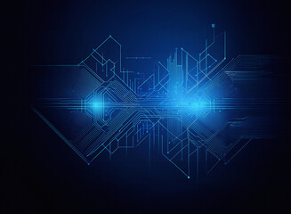 Obraz premium Abstract digital artwork depicting a futuristic, glowing circuit board design. Intricate lines and nodes form a complex, symmetrical pattern on a dark blue background.