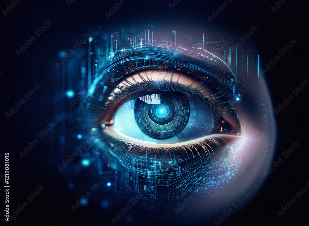 Fototapete a mesmerizing close-up of a futuristic eye, seamlessly blending organic and technological elements. 