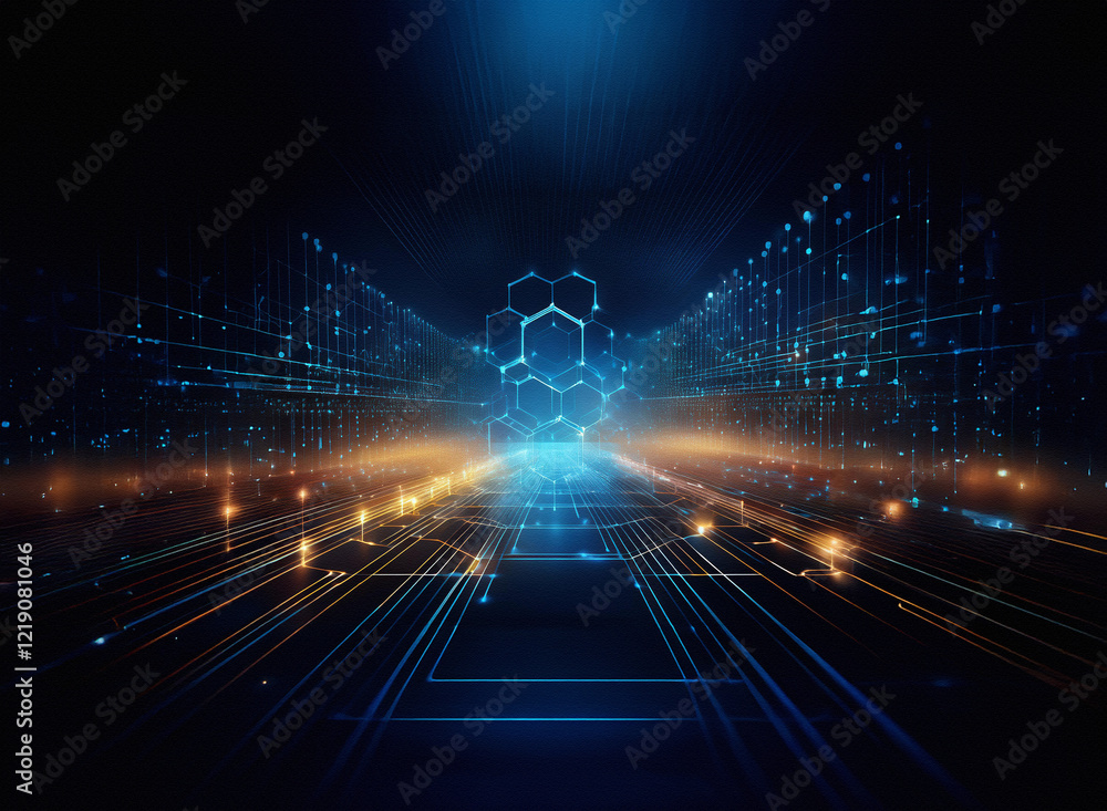 Poster abstract digital landscape, glowing pathways converge on a central hexagonal structure. futuristic t