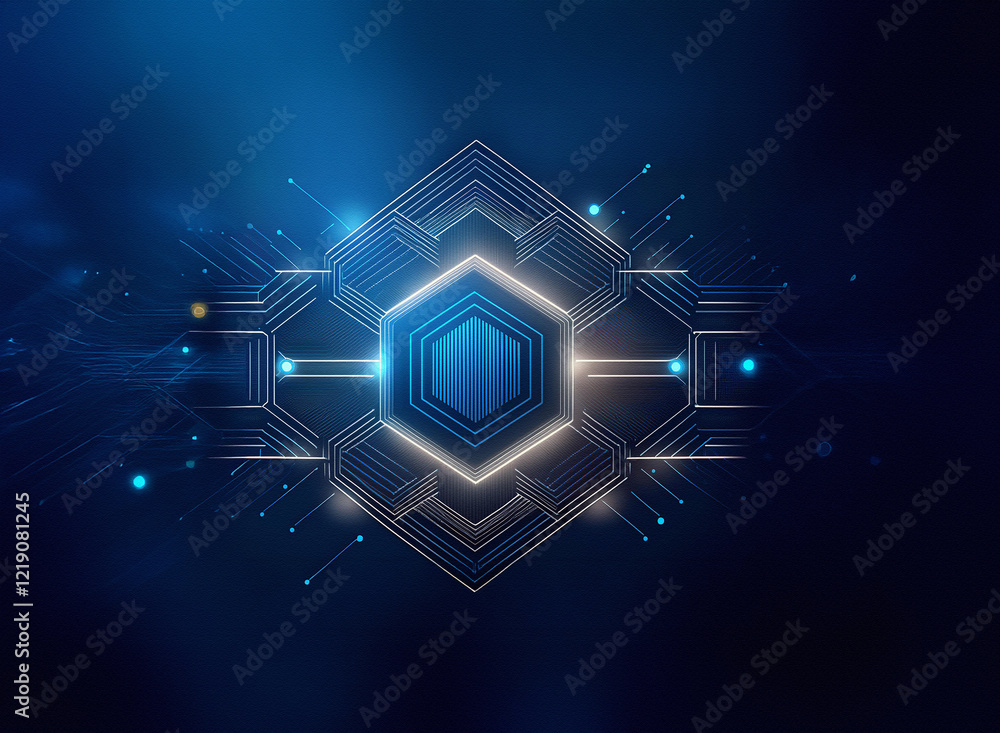 Aufkleber Abstract digital art depicting a glowing hexagonal core connected by intricate circuitry lines on a dark blue background.  The image evokes themes of technology, connection, and innovation.