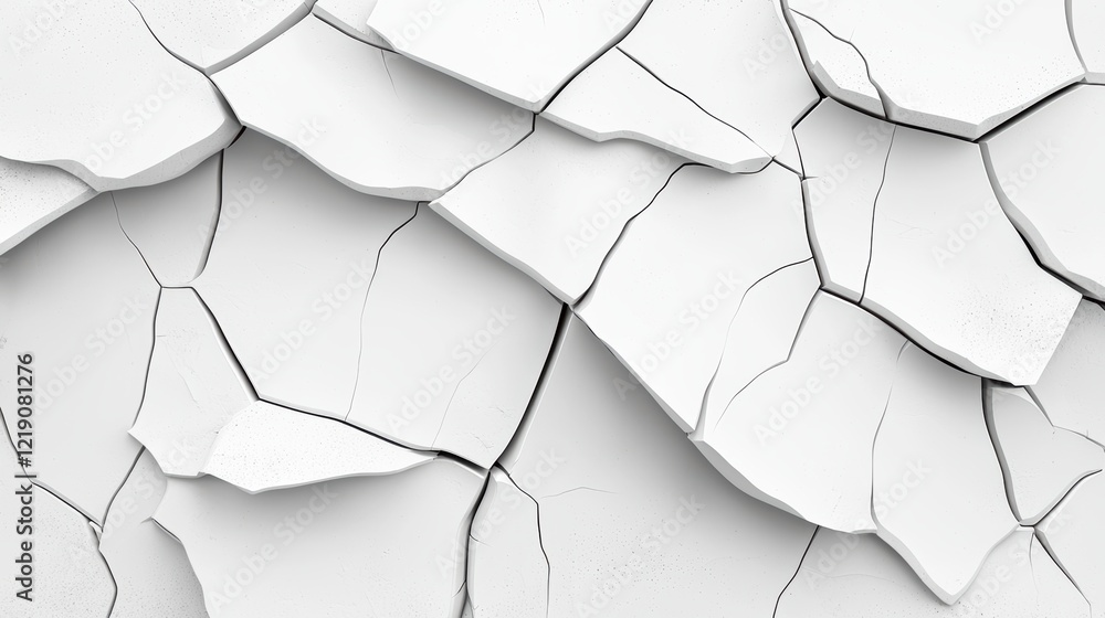 Poster a close-up view of cracked white paint, showcasing intricate patterns and textures on a weathered su