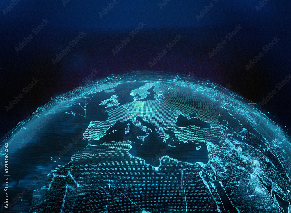 Poster A glowing, digital globe highlights Europe with intricate network lines.  The dark blue background emphasizes the interconnectedness of global data and communication.
