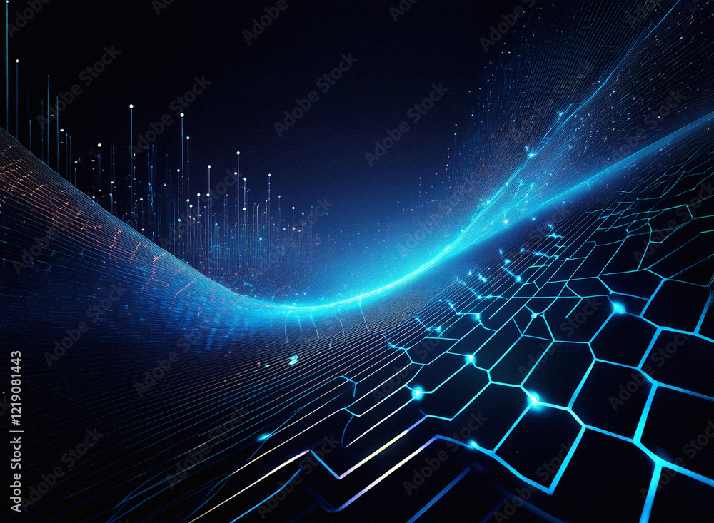 Poster abstract digital landscape. glowing blue energy flows across a dark hexagonal grid, suggesting techn