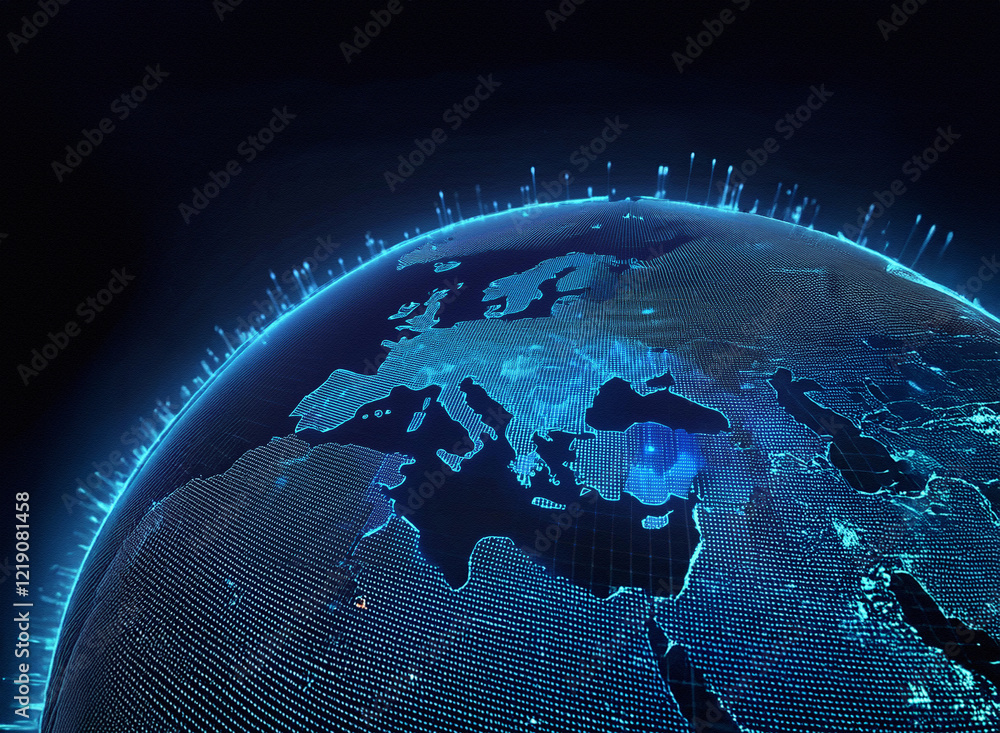 Poster glowing digital globe, showcasing europe and surrounding regions. data streams illuminate continents