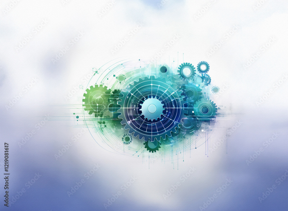 Aufkleber abstract artwork featuring interconnected gears in teal and green hues, set against a blurred, light