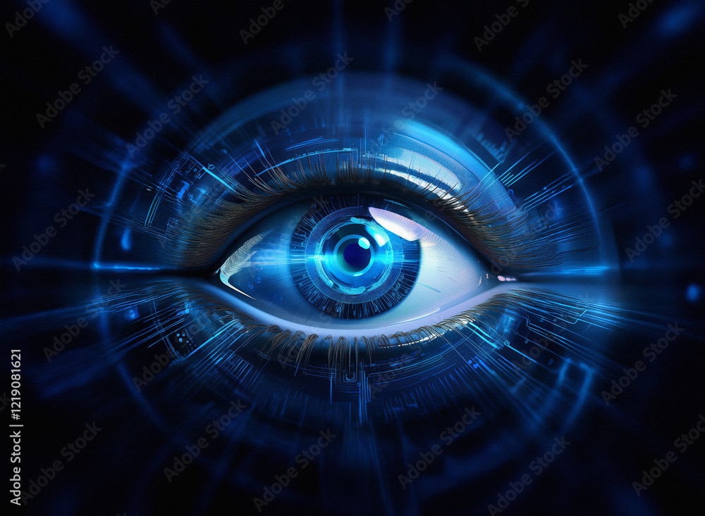 Aufkleber a mesmerizing digital eye, glowing blue, encircled by a futuristic technological interface. it sugge