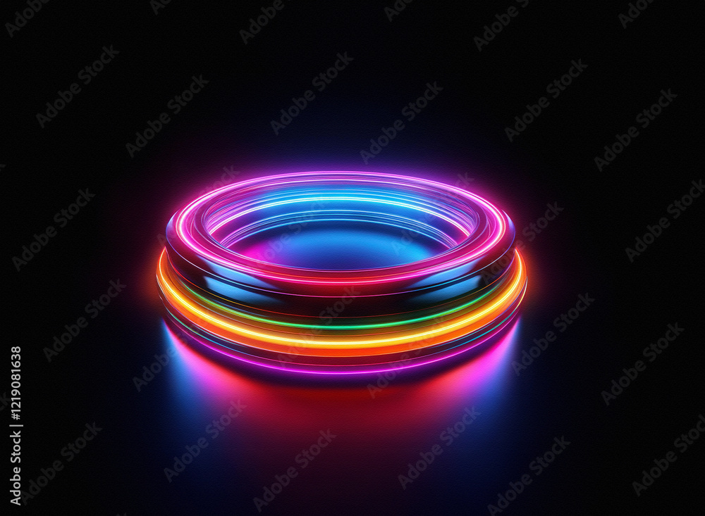 Aufkleber vibrant, multicolored neon rings glow brightly on a reflective dark surface. the concentric circles 