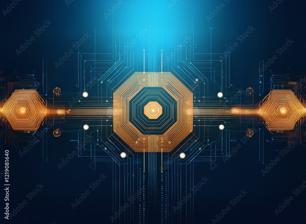 Poster abstract digital artwork depicting a futuristic, interconnected network. golden octagonal nodes puls