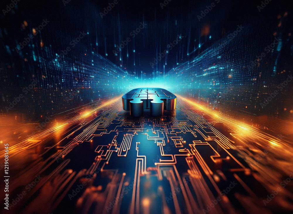 Aufkleber Abstract digital rendering of a futuristic, glowing microprocessor on a circuit board, symbolizing advanced technology and data processing.  The image evokes a sense of speed and innovation.