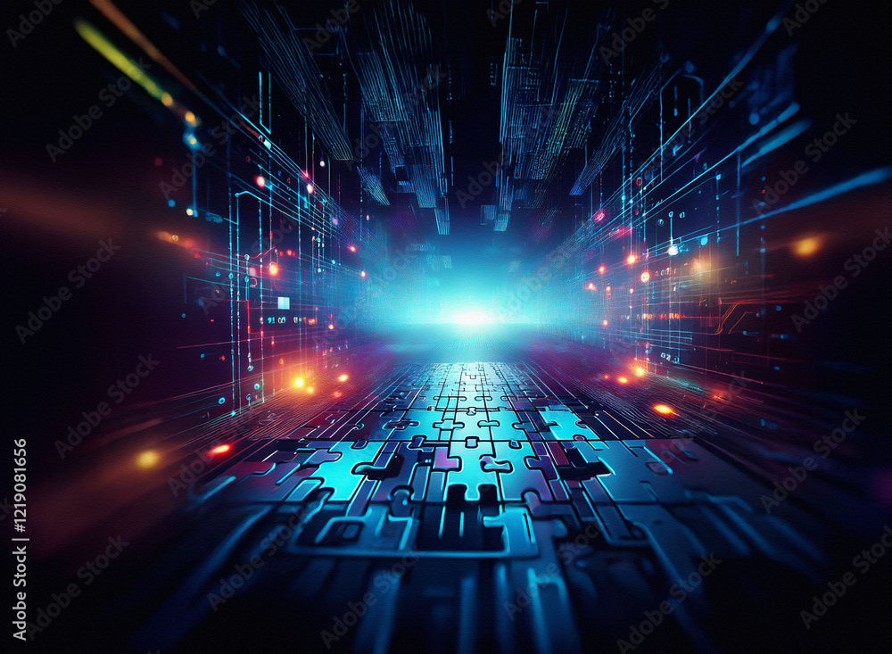 Poster abstract digital art depicting a glowing, futuristic circuit board pathway leading to a bright light