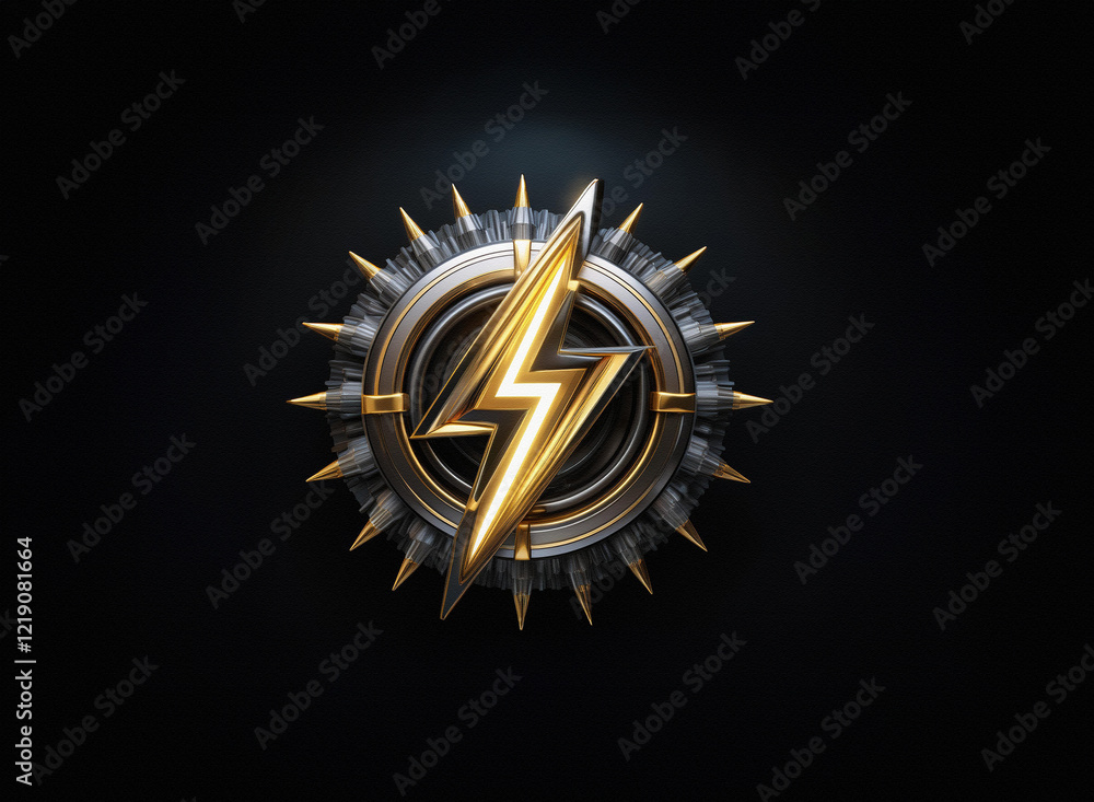 Poster a radiant gold lightning bolt emblem, encircled by a metallic gear-like design with sharp, pointed e