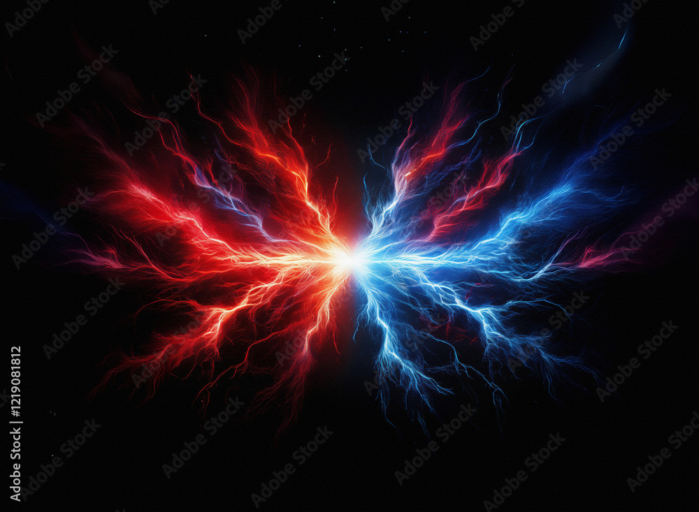 Fototapete a fiery, abstract image depicts a clash of red and blue energy, resembling wings or a butterfly in a