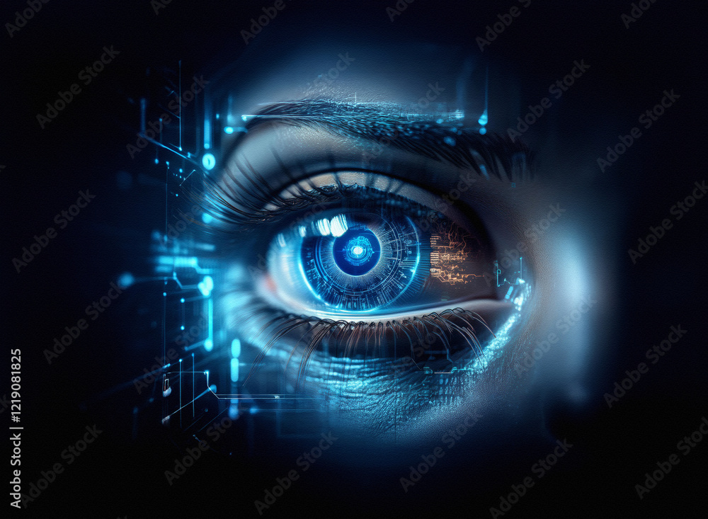Poster a close-up of a woman's eye, digitally enhanced with glowing blue circuitry, merging organic and tec