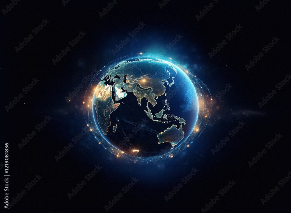 Poster a luminous, digital rendering of earth at night, glowing with city lights and energy, set against a 