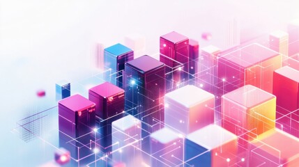 Obraz premium Abstract digital landscape with colorful geometric shapes and glowing effects in a futuristic setting