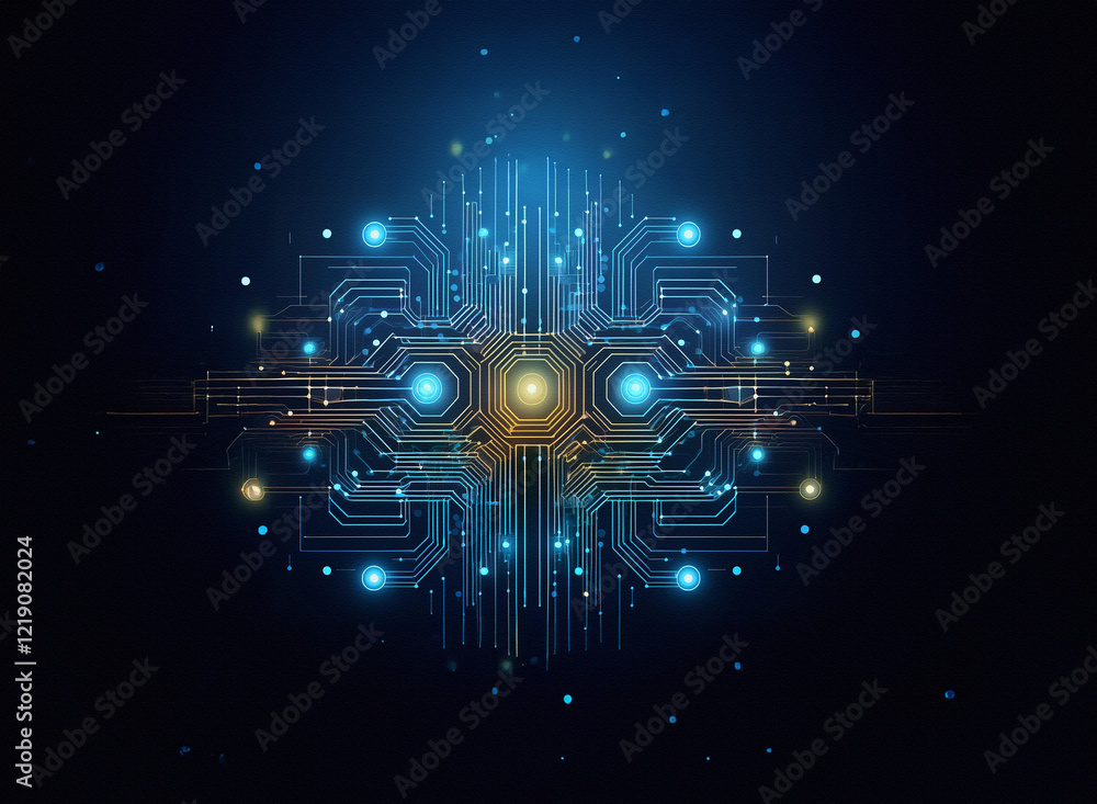 Poster abstract digital artwork depicting a glowing, intricate circuit board pattern. the central component
